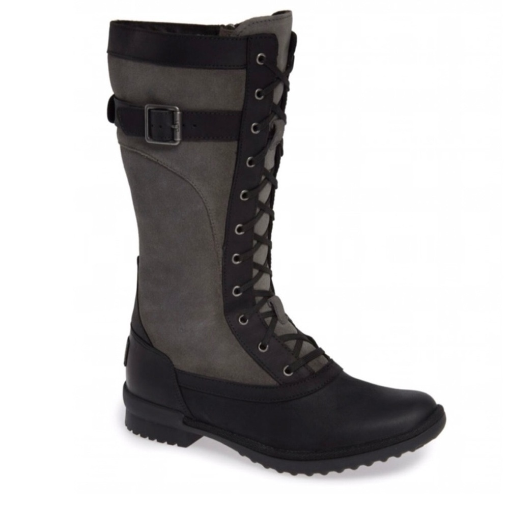 UGG Australia Brystl Grey Black Suede Leather Fur Lined Waterproof Lace Up boots